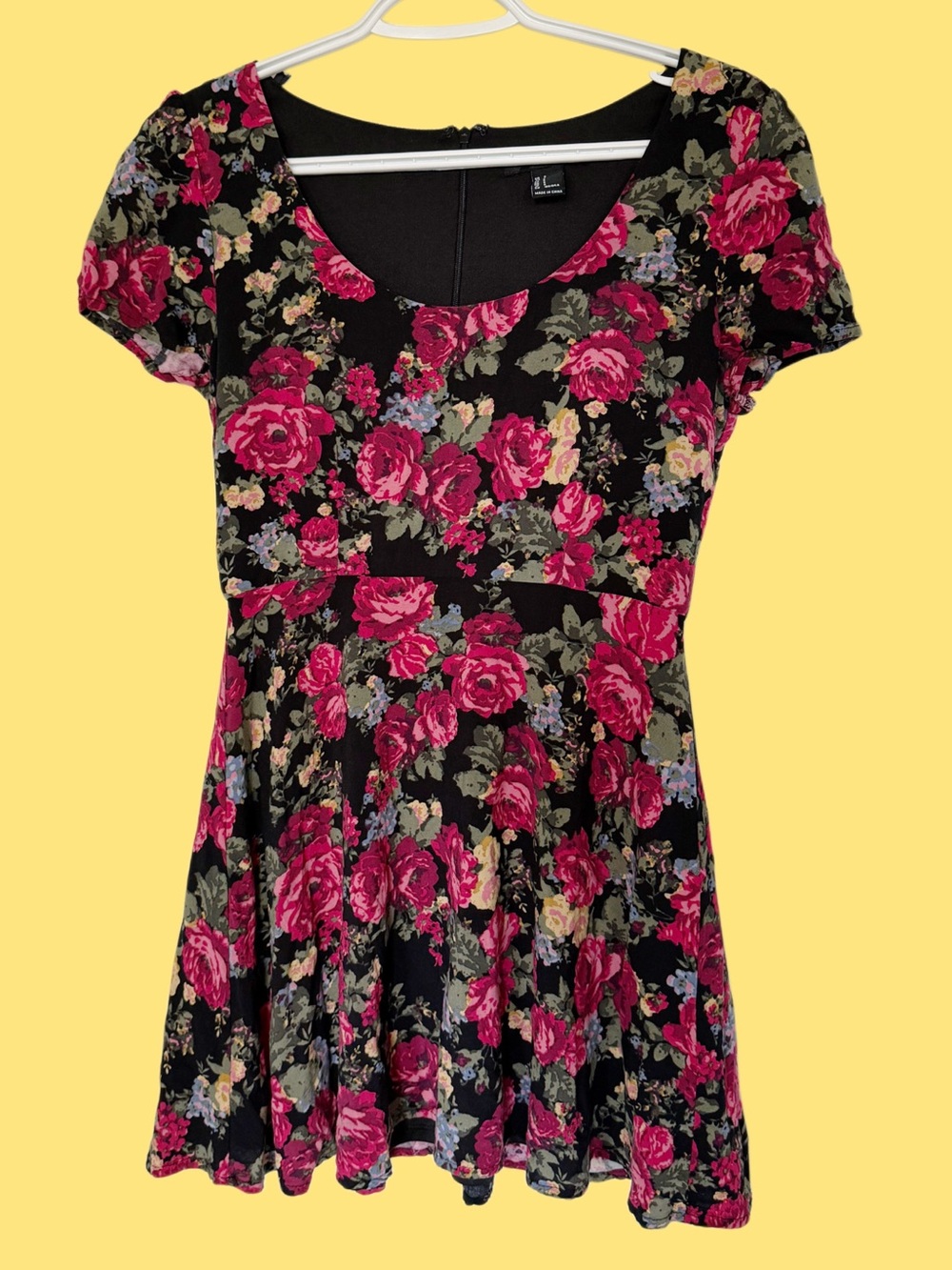Forever21 Black Floral Fit-and-Flare Dress with Pink Roses